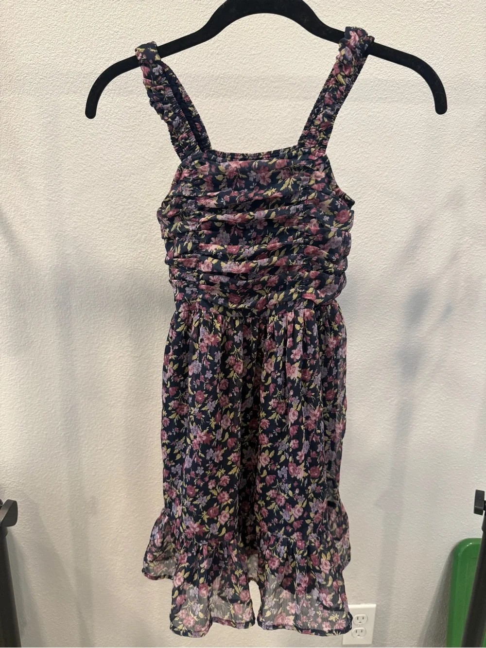 abercrombie kids Navy Floral Ruched Skater dress with Pink and Yellow Blooms 7/8